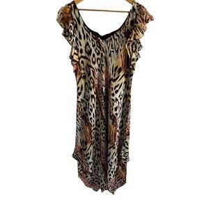 Lapis‎ Vintage Size 1X 100% Silk Y2K Animal Print Handkerchief Hem Maxi Dress